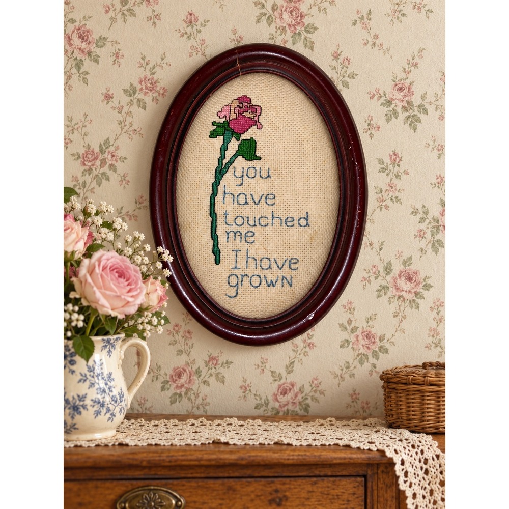 Vintage 1986 Rose Embroidery Oval Framed Wall Art Cottagecore Grandmacore Floral